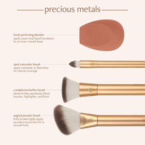 EcoTools Precious Metals Face Blend & Sculpt Set, Makeup Brush Kit For Foundation, Concealer, & Powder, Ecofriendly Makeup Brush Kit, Recycled Aluminum, Chrome, Cruelty-Free, 4 Piece Set