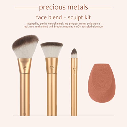 EcoTools Precious Metals Face Blend & Sculpt Set, Makeup Brush Kit For Foundation, Concealer, & Powder, Ecofriendly Makeup Brush Kit, Recycled Aluminum, Chrome, Cruelty-Free, 4 Piece Set