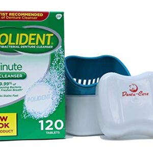 Polident 3 Minute Denture Cleaner 120 Tablets in Triplemint Bundle with Dentu-Care Denture Cleaning Cup Case With Lid Basket and Draining Basket for Cleaning and Storing