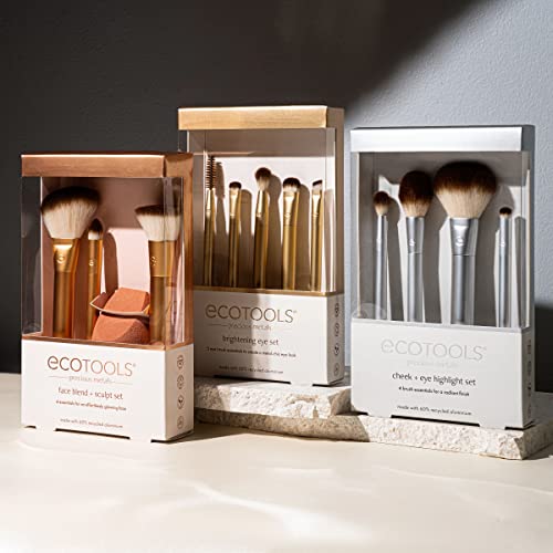 EcoTools Precious Metals Face Blend & Sculpt Set, Makeup Brush Kit For Foundation, Concealer, & Powder, Ecofriendly Makeup Brush Kit, Recycled Aluminum, Chrome, Cruelty-Free, 4 Piece Set