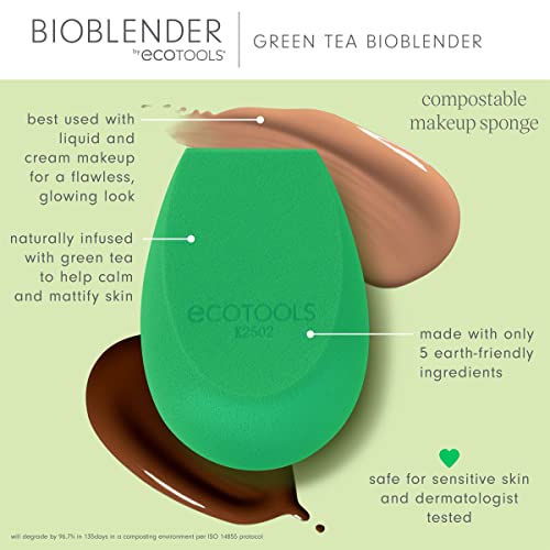 EcoTools Green Tea Bioblender, Compostable Makeup Blending Sponge, For Foundation & Base Coverage, Skin-Calming, Natural Infusion, Cruelty Free & Vegan, Packaging May Vary, 1 Count