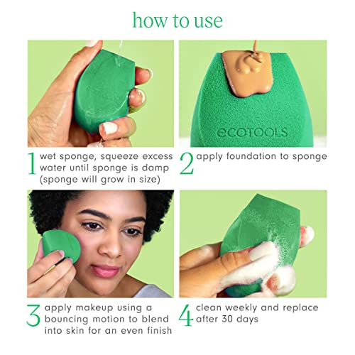 EcoTools Green Tea Bioblender, Compostable Makeup Blending Sponge, For Foundation & Base Coverage, Skin-Calming, Natural Infusion, Cruelty Free & Vegan, Packaging May Vary, 1 Count