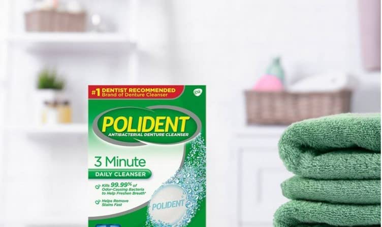 Polident 3 Minute Denture Cleaner 120 Triplemint Tablets bundle with Dentu-Care Denture Case and Denture Brush for Maintaining Good Clean for Full/Partial Dentures Mouthguards