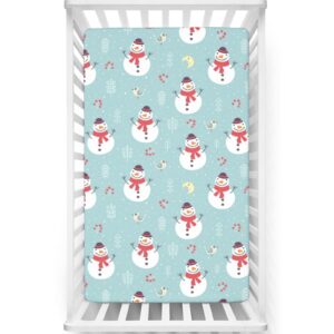 snowman themed fitted crib sheet,standard crib mattress fitted sheet soft and breathable bed sheets -baby crib sheets for girl or boy,28“ x52“,pale blue grey and multicolor