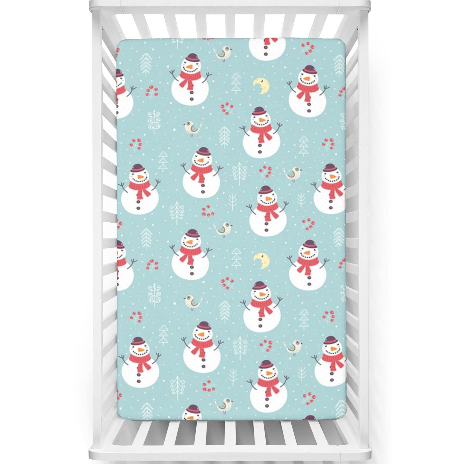 Snowman Themed Fitted Crib Sheet,Standard Crib Mattress Fitted Sheet Soft and Breathable Bed Sheets -Baby Crib Sheets for Girl or Boy,28“ x52“,Pale Blue Grey and Multicolor