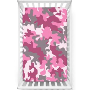 camo themed fitted crib sheet,standard crib mattress fitted sheet soft & stretchy fitted crib sheet -baby crib sheets for girl or boy,28“ x52“,hot pink magenta grey