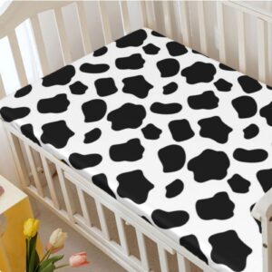 Cow Print Themed Fitted Mini Crib Sheets,Portable Mini Crib Sheets Soft & Stretchy Polyester Fitted Crib Sheet -Crib Mattress Sheet or Toddler Bed Sheet,24“ x38“,White Black