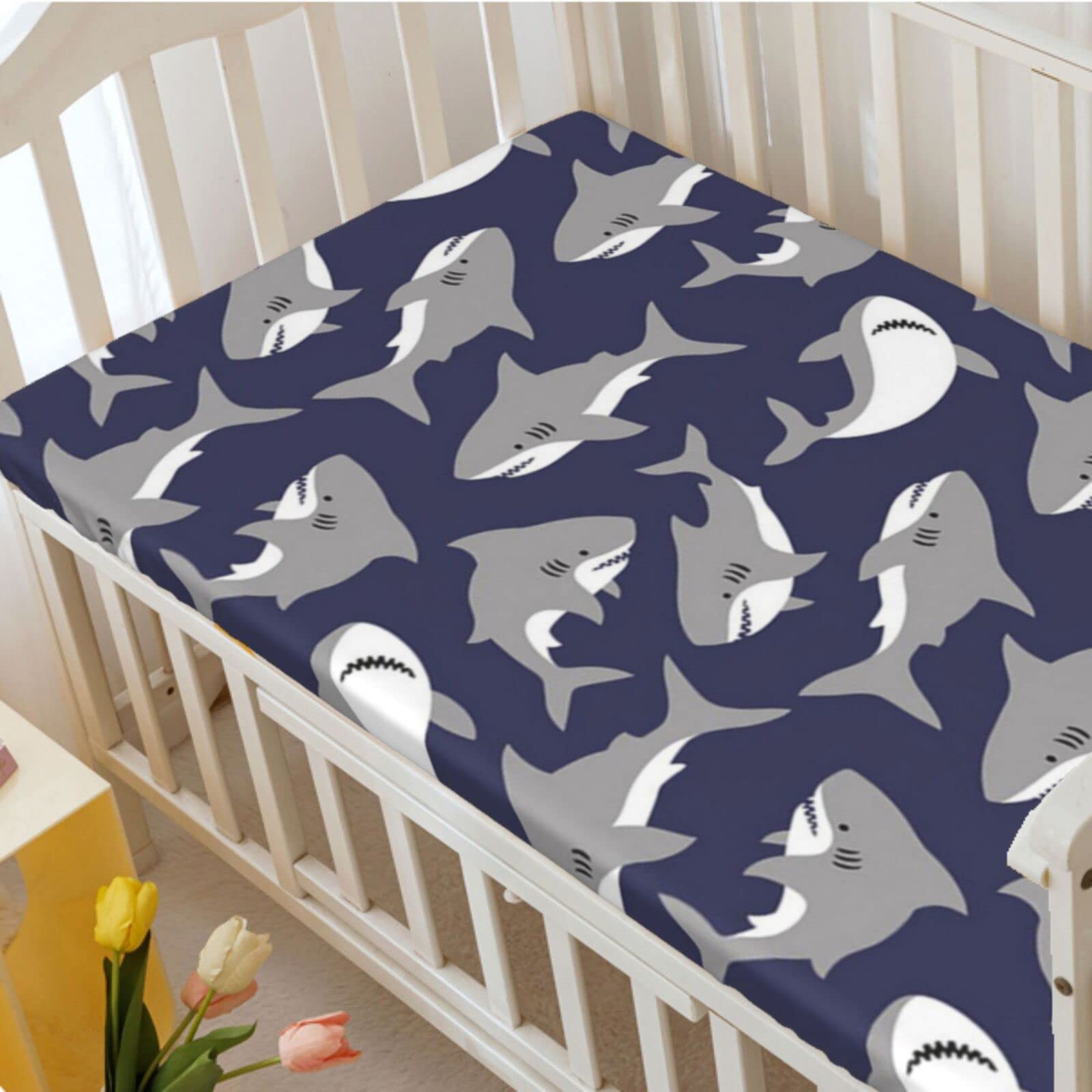 Shark Themed Fitted Crib Sheet,Standard Crib Mattress Fitted Sheet Soft Toddler Mattress Sheet Fitted -Crib Mattress Sheet or Toddler Bed Sheet,52“ x28“,Dark Indigo and Pale Taupe