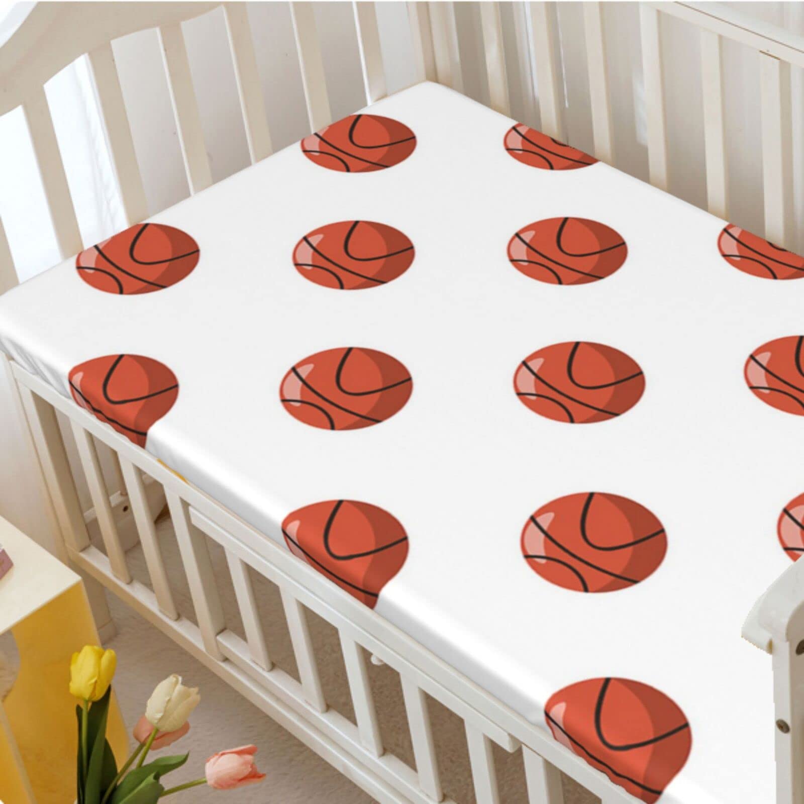 Basketball Themed Fitted Crib Sheet,Standard Crib Mattress Fitted Sheet Soft & Stretchy Fitted Crib Sheet -Great for Boy or Girl Room or Nursery,28 x 52 Inch,Cinnamon White Black