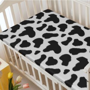 Cow Print Themed Fitted Mini Crib Sheets,Portable Mini Crib Sheets Soft & Stretchy Fitted Crib Sheet -Great for Boy or Girl Room or Nursery,38“ x24“,Charcoal Grey White