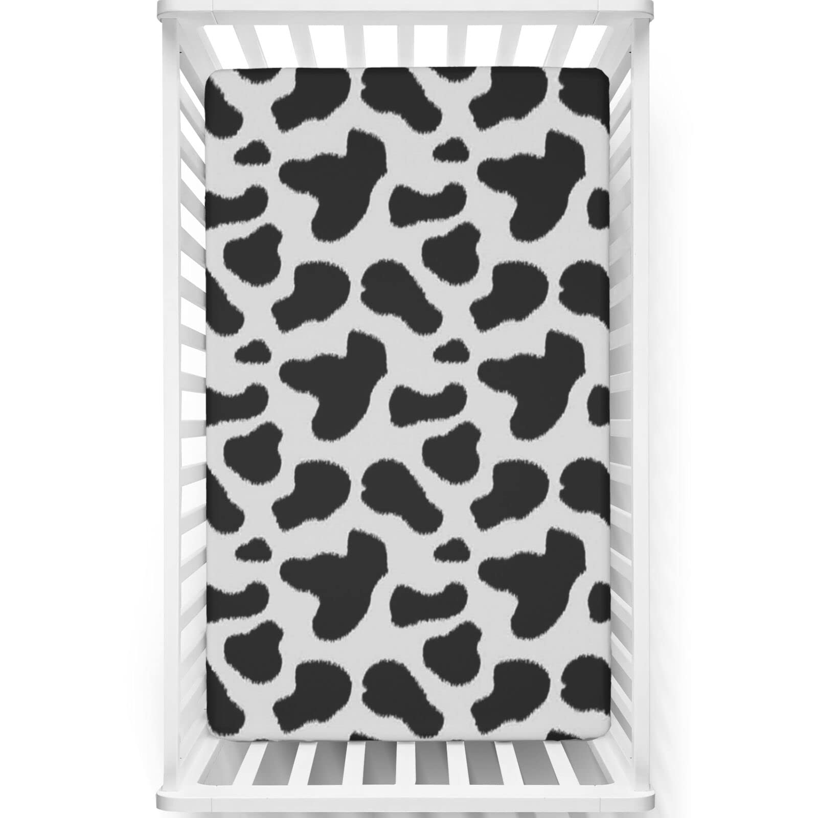 Cow Print Themed Fitted Mini Crib Sheets,Portable Mini Crib Sheets Soft & Stretchy Fitted Crib Sheet -Great for Boy or Girl Room or Nursery,38“ x24“,Charcoal Grey White