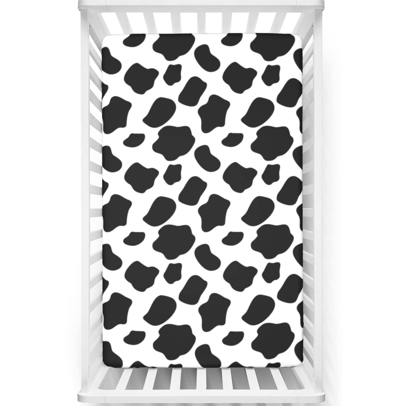 Cow Print Themed Fitted Mini Crib Sheets,Portable Mini Crib Sheets Soft & Stretchy Polyester Fitted Crib Sheet -Crib Mattress Sheet or Toddler Bed Sheet,24“ x38“,White Black