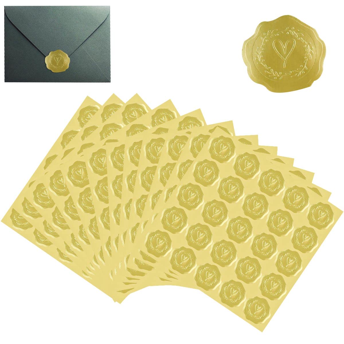 300 Pieces Gold Heart Stickers Envelope Seals Self-Adhesive Embossed Envelopes Seal Stickers for Wedding Invitations Greeting Cards Party Favors Gift Packaging DIY Decoration Wax Seal Stickers Labels