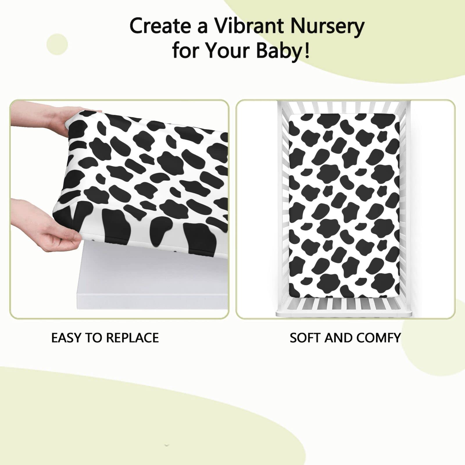 Cow Print Themed Fitted Mini Crib Sheets,Portable Mini Crib Sheets Soft & Stretchy Polyester Fitted Crib Sheet -Crib Mattress Sheet or Toddler Bed Sheet,24“ x38“,White Black