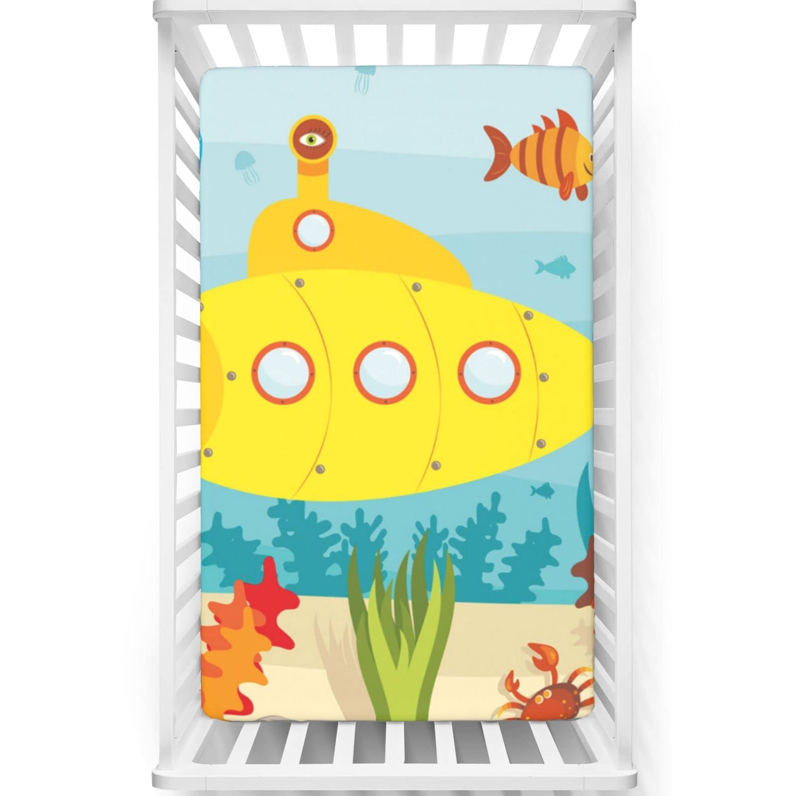 Yellow Submarine Themed Fitted Crib Sheet,Standard Crib Mattress Fitted Sheet Soft & Stretchy Fitted Crib Sheet -Crib Mattress Sheet or Toddler Bed Sheet,52“ x28“,Pale Blue Yellow