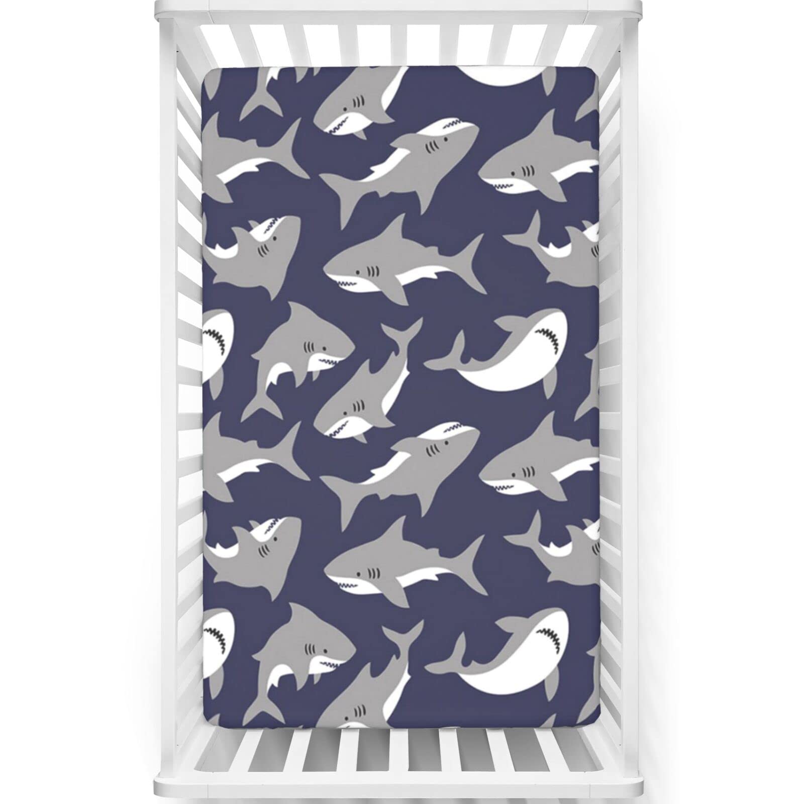 Shark Themed Fitted Crib Sheet,Standard Crib Mattress Fitted Sheet Soft Toddler Mattress Sheet Fitted -Crib Mattress Sheet or Toddler Bed Sheet,52“ x28“,Dark Indigo and Pale Taupe