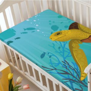 Turtle Themed Fitted Crib Sheet,Standard Crib Mattress Fitted Sheet Soft Toddler Mattress Sheet Fitted -Crib Mattress Sheet or Toddler Bed Sheet,52“ x28“,Turquoise Mustard Brown