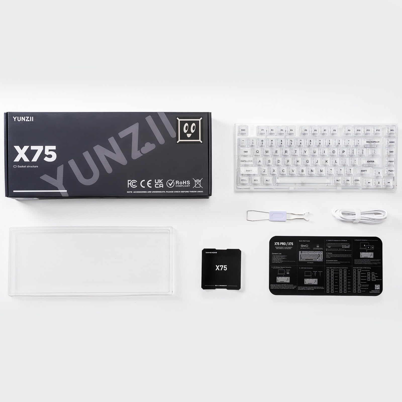 YUNZII X75 82 Key Hot Swappable Mechanical Keyboard with Transparent Keycaps, Gasket Mount 75 Keyboard, RGB Backlit Custom Gaming Keyboard for Windows/Mac (Kailh Jellyfish Switch, Wired-White)