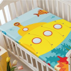 Yellow Submarine Themed Fitted Crib Sheet,Standard Crib Mattress Fitted Sheet Soft & Stretchy Fitted Crib Sheet -Crib Mattress Sheet or Toddler Bed Sheet,52“ x28“,Pale Blue Yellow