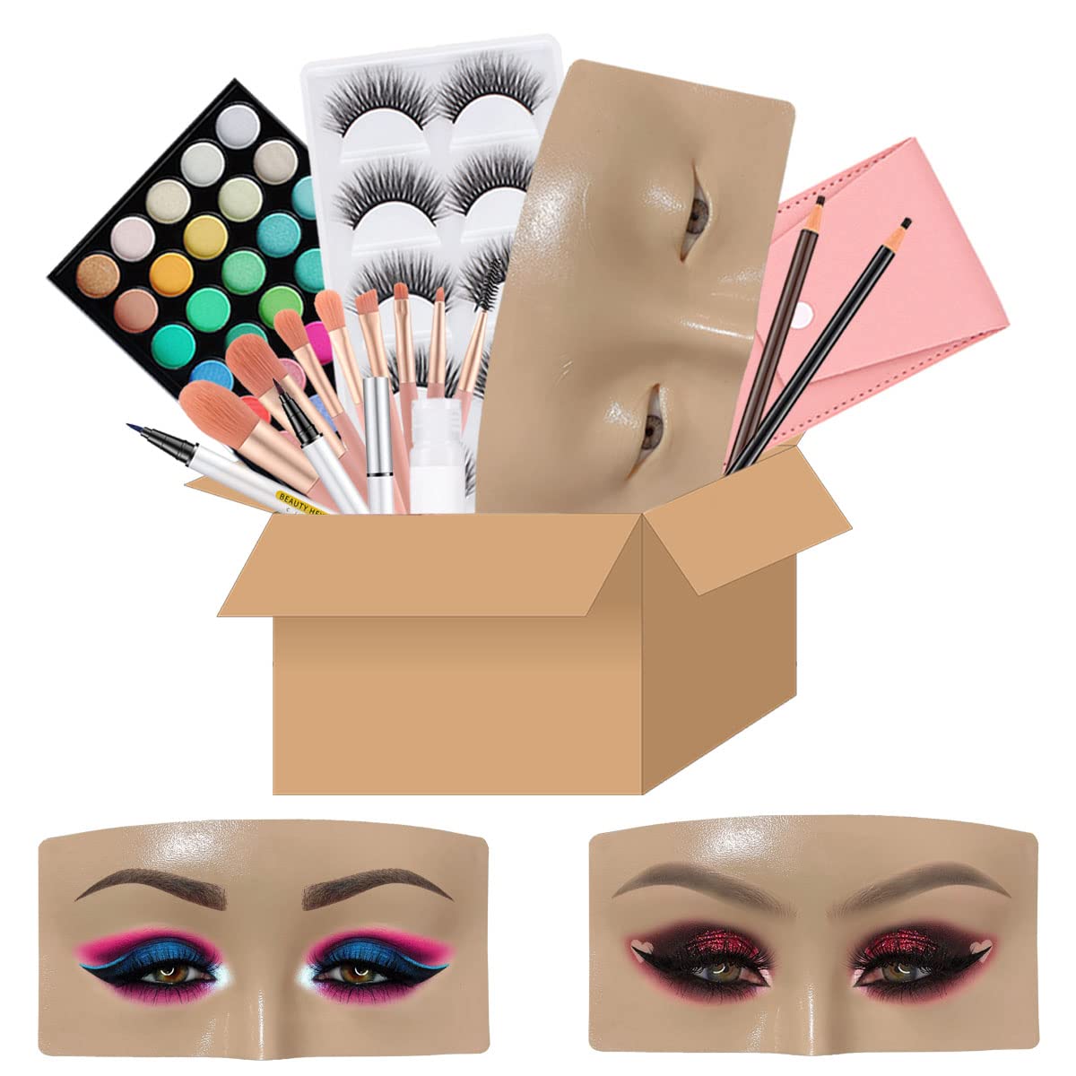 Makeup Practice Face Board, Resusable 3D Makeup Mannequin Face, Eyes Makeup Practice Face with Makeup Kit for Makeup Student and Beginner to Practice Eyeshadow Eyeliner Eyebrow Makeup & Lash Extension