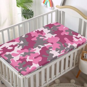 Camo Themed Fitted Crib Sheet,Standard Crib Mattress Fitted Sheet Soft & Stretchy Fitted Crib Sheet -Baby Crib Sheets for Girl or Boy,28“ x52“,Hot Pink Magenta Grey