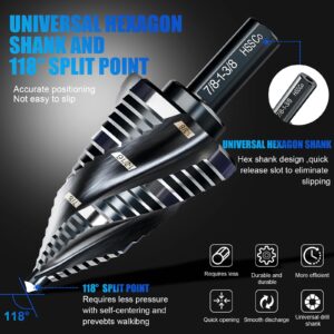 M35 Four Spiral Flute Step Drill Bit Set 1/4" - 1-3/8" （19 Sizes, 1/4" Hex Shank Unibit Step Drill bit, Impact Resistant M35 Cobalt Step Drill Bit, for Stainless Steel, Wood, Aluminum, Plastic