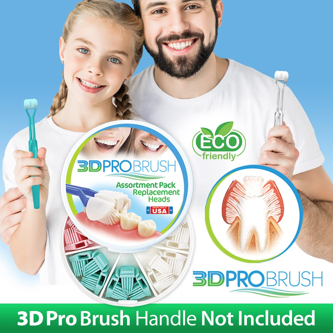 3D PRO BRUSH | 3-Sided Toothbrush | 7-Pack Replacement Heads | 3X Triple Clean + Soft Gum Massage| Built-In Tongue Scraper | Sustainable Eco-Friendly Design | Kids Adults Braces Travel | MADE IN USA