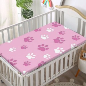 Dog Paws Themed Fitted Crib Sheet,Standard Crib Mattress Fitted Sheet Soft Toddler Mattress Sheet Fitted -Crib Mattress Sheet or Toddler Bed Sheet,52“ x28“,Baby Pink Pink and White