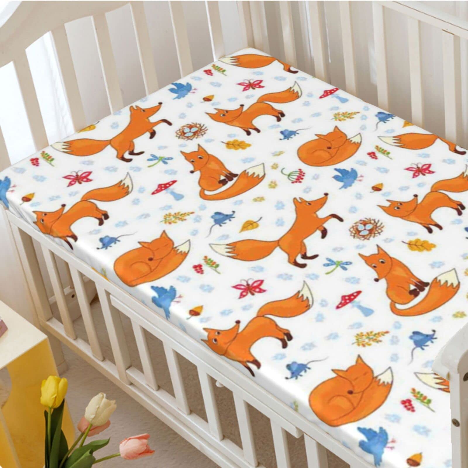 Fox Themed Fitted Crib Sheet,Standard Crib Mattress Fitted Sheet Ultra Soft Material -Great for Boy or Girl Room or Nursery,28 x 52 Inch,Multicolor