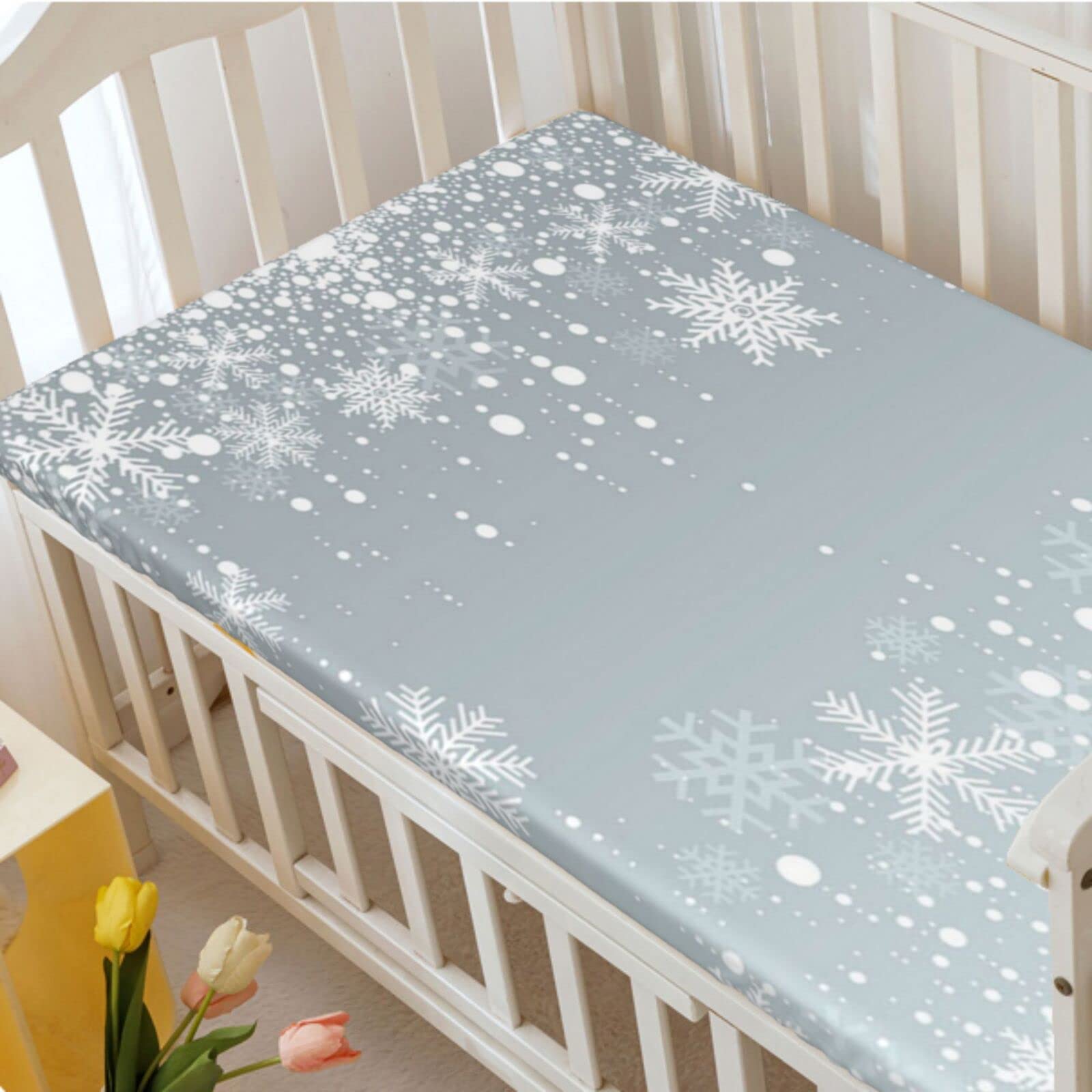 Snowflake Themed Fitted Crib Sheet,Standard Crib Mattress Fitted Sheet Soft Toddler Mattress Sheet Fitted -Baby Sheet for Boys Girls,52 x 28 Inch,Pale Blue Grey and White