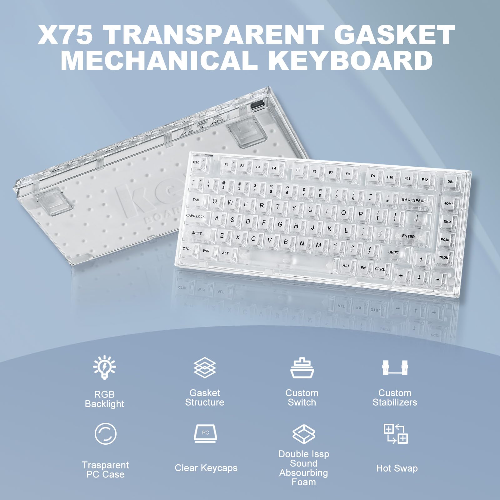 YUNZII X75 82 Key Hot Swappable Mechanical Keyboard with Transparent Keycaps, Gasket Mount 75 Keyboard, RGB Backlit Custom Gaming Keyboard for Windows/Mac (Kailh Jellyfish Switch, Wired-White)