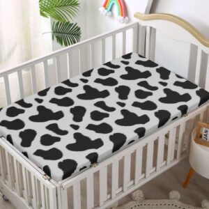 Cow Print Themed Fitted Mini Crib Sheets,Portable Mini Crib Sheets Soft & Stretchy Fitted Crib Sheet -Great for Boy or Girl Room or Nursery,38“ x24“,Charcoal Grey White