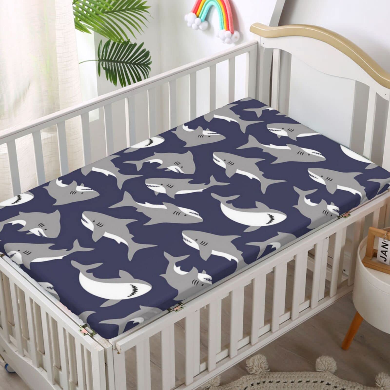 Shark Themed Fitted Crib Sheet,Standard Crib Mattress Fitted Sheet Soft Toddler Mattress Sheet Fitted -Crib Mattress Sheet or Toddler Bed Sheet,52“ x28“,Dark Indigo and Pale Taupe