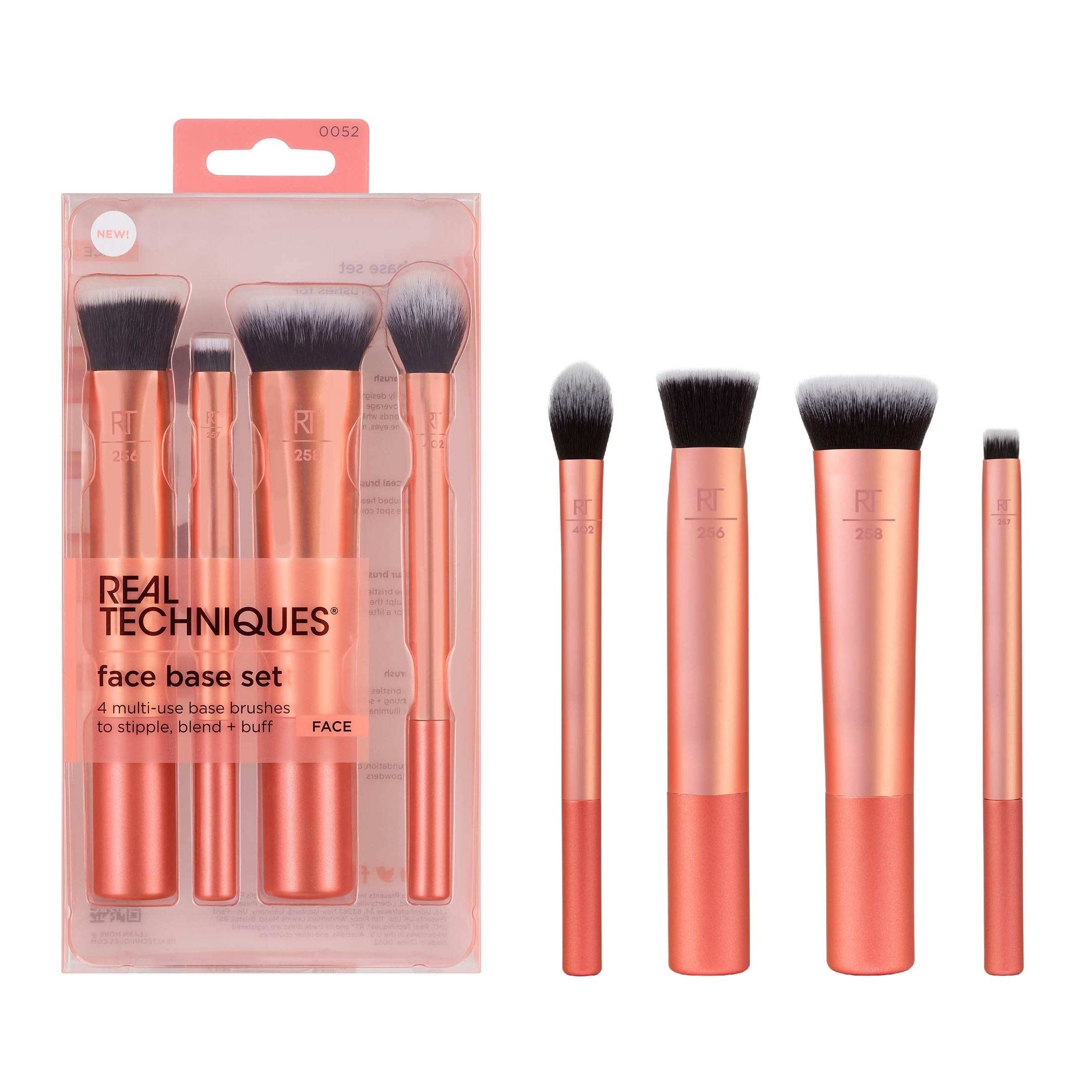 Real Techniques 4 Piece Face Base Makeup Brush Set, For Concealer, Foundation, Contour, & Setting Powder, For Blending & Sculpting, Travel Friendly, Gift Set, Stocking Stuffer, Cruelty-Free