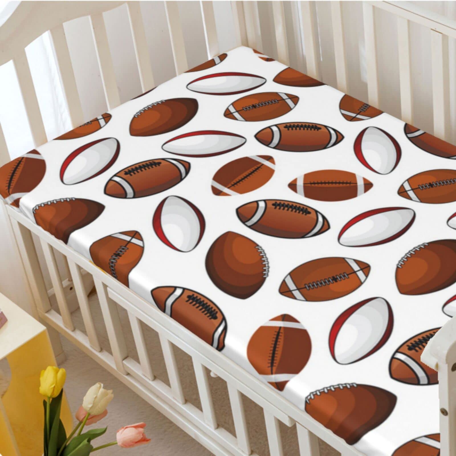 American Football Themed Fitted Mini Crib Sheets,Portable Mini Crib Sheets Ultra Soft Material -Baby Sheet for Boys Girls,24 x 38 Inch,Caramel White Ruby