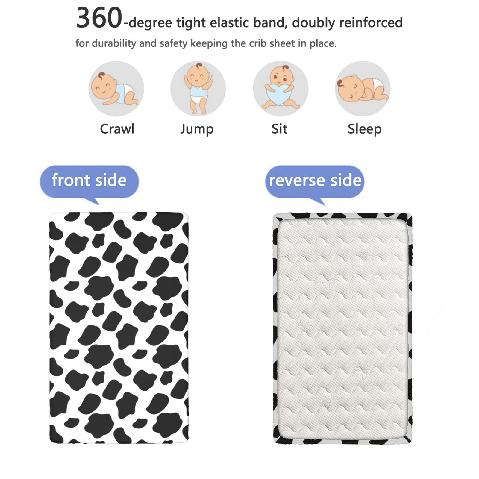 Cow Print Themed Fitted Mini Crib Sheets,Portable Mini Crib Sheets Soft & Stretchy Polyester Fitted Crib Sheet -Crib Mattress Sheet or Toddler Bed Sheet,24“ x38“,White Black