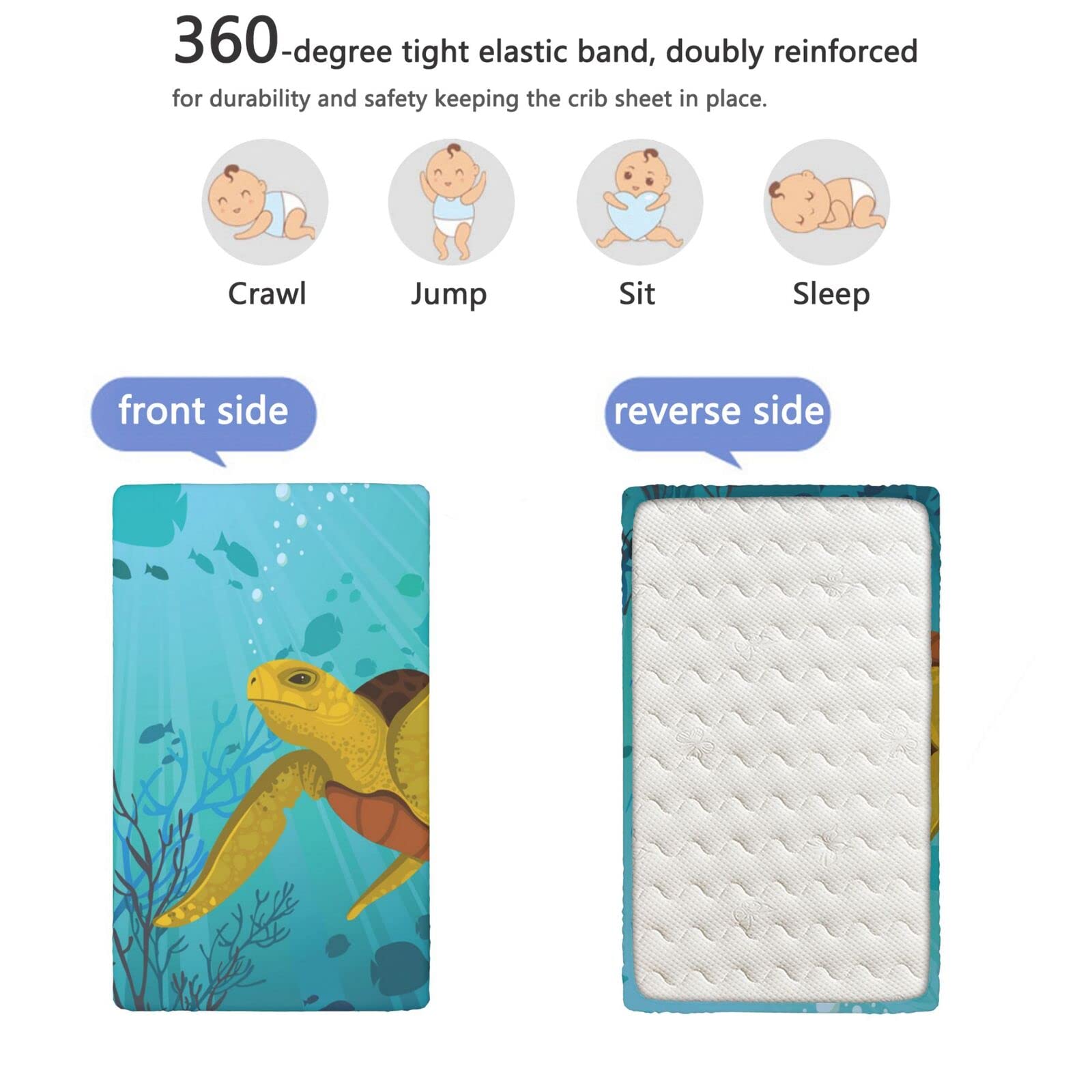 Turtle Themed Fitted Crib Sheet,Standard Crib Mattress Fitted Sheet Soft Toddler Mattress Sheet Fitted -Crib Mattress Sheet or Toddler Bed Sheet,52“ x28“,Turquoise Mustard Brown