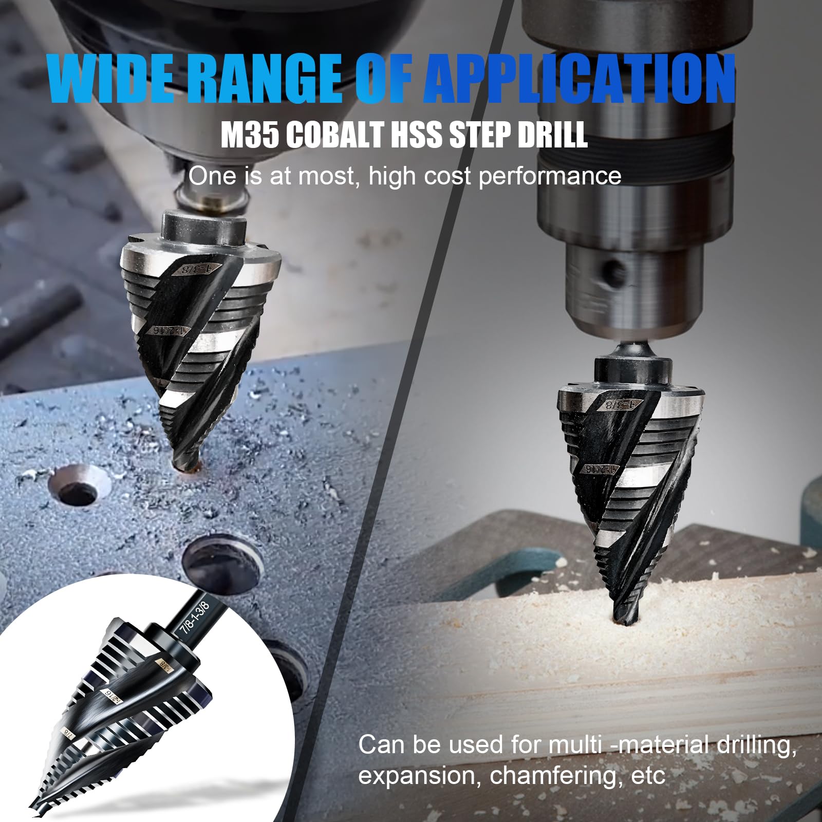 M35 Four Spiral Flute Step Drill Bit Set 1/4" - 1-3/8" （19 Sizes, 1/4" Hex Shank Unibit Step Drill bit, Impact Resistant M35 Cobalt Step Drill Bit, for Stainless Steel, Wood, Aluminum, Plastic