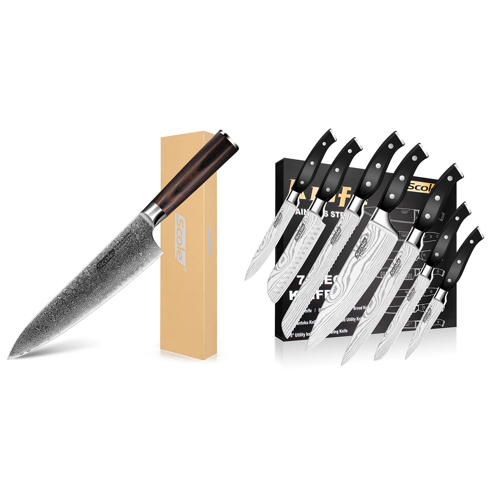 SCOLE® Chef Knife Bundle - Razor Sharp Chefs Knife 8 Inch VG-10 Super Damascus Steel (Natural Pakka Wood Handle) + Ultra Sharp Kitchen Knife Set 7-Piece (Triple Rivet Handle) (2 Items Bundle)