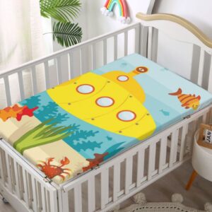 Yellow Submarine Themed Fitted Crib Sheet,Standard Crib Mattress Fitted Sheet Soft & Stretchy Fitted Crib Sheet -Crib Mattress Sheet or Toddler Bed Sheet,52“ x28“,Pale Blue Yellow