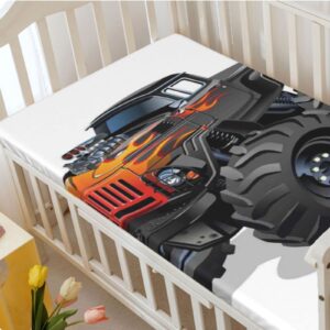 Monster Truck Themed Fitted Crib Sheet,Standard Crib Mattress Fitted Sheet Ultra Soft Material -Great for Boy or Girl Room or Nursery,28 x 52 Inch,Charcoal Grey Vermilion