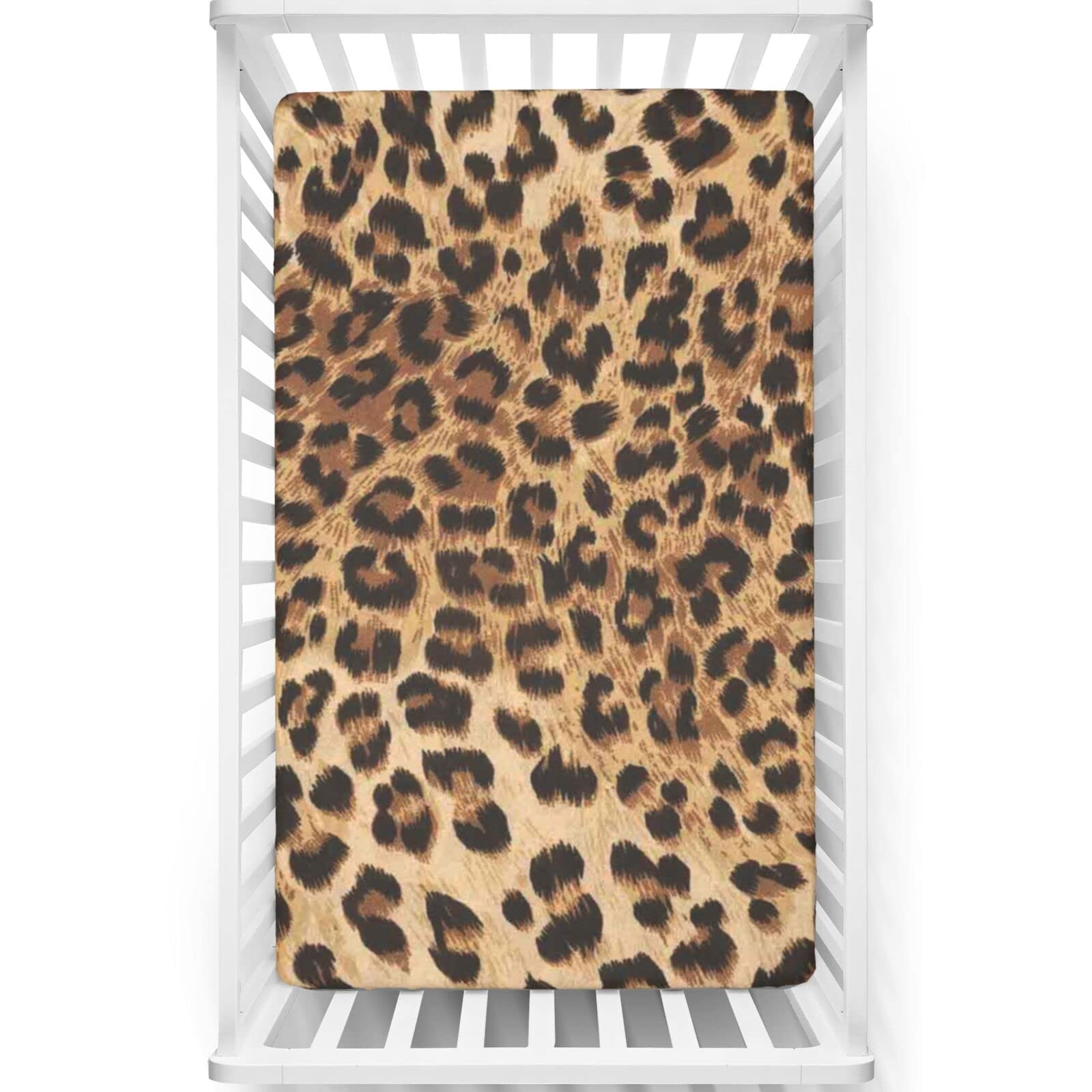 Leopard Print Themed Fitted Crib Sheet,Standard Crib Mattress Fitted Sheet Ultra Soft Material -Baby Crib Sheets for Girl or Boy,28“ x52“,Pale Brown Black