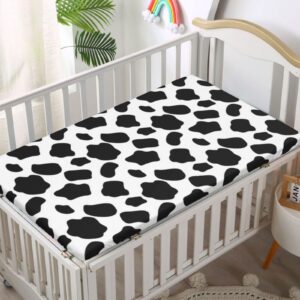 Cow Print Themed Fitted Mini Crib Sheets,Portable Mini Crib Sheets Soft & Stretchy Polyester Fitted Crib Sheet -Crib Mattress Sheet or Toddler Bed Sheet,24“ x38“,White Black