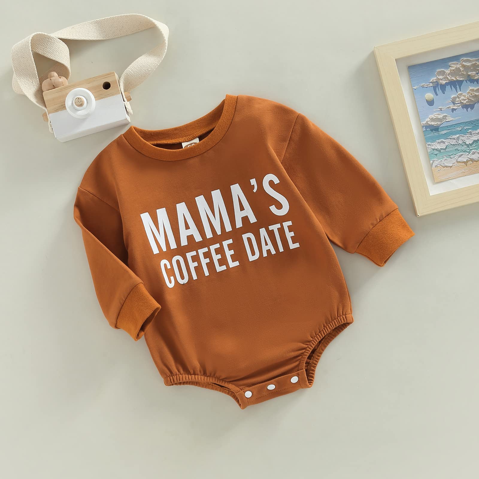 Kuriozud Newborn Baby Boy Girl Sweater Romper MAMAs Coffee Date Oversized Sweatshirt Fall Winter Clothes Valentines Day Outfit (Mama's Coffee Date Brown, 0-3 Months)