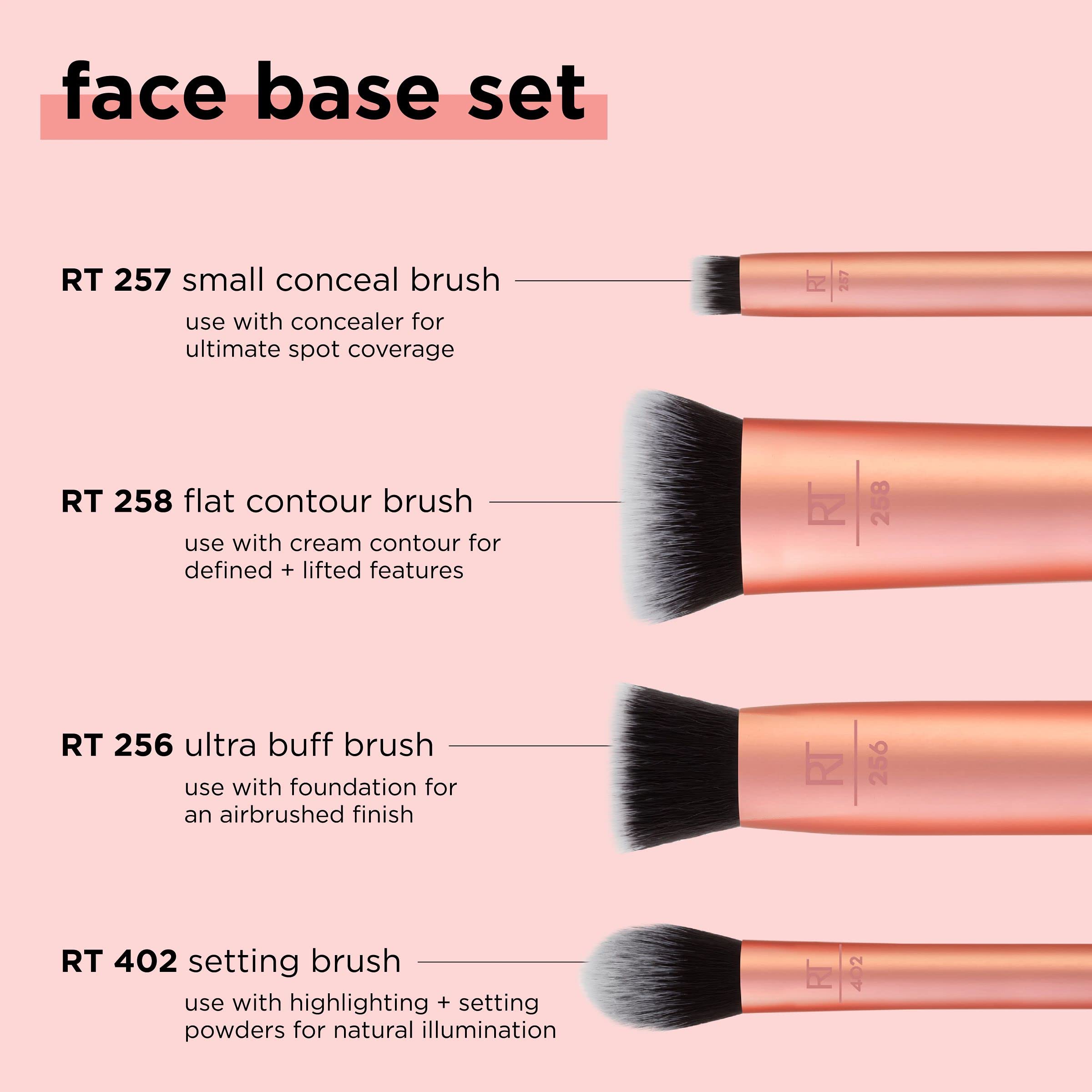 Real Techniques 4 Piece Face Base Makeup Brush Set, For Concealer, Foundation, Contour, & Setting Powder, For Blending & Sculpting, Travel Friendly, Gift Set, Stocking Stuffer, Cruelty-Free