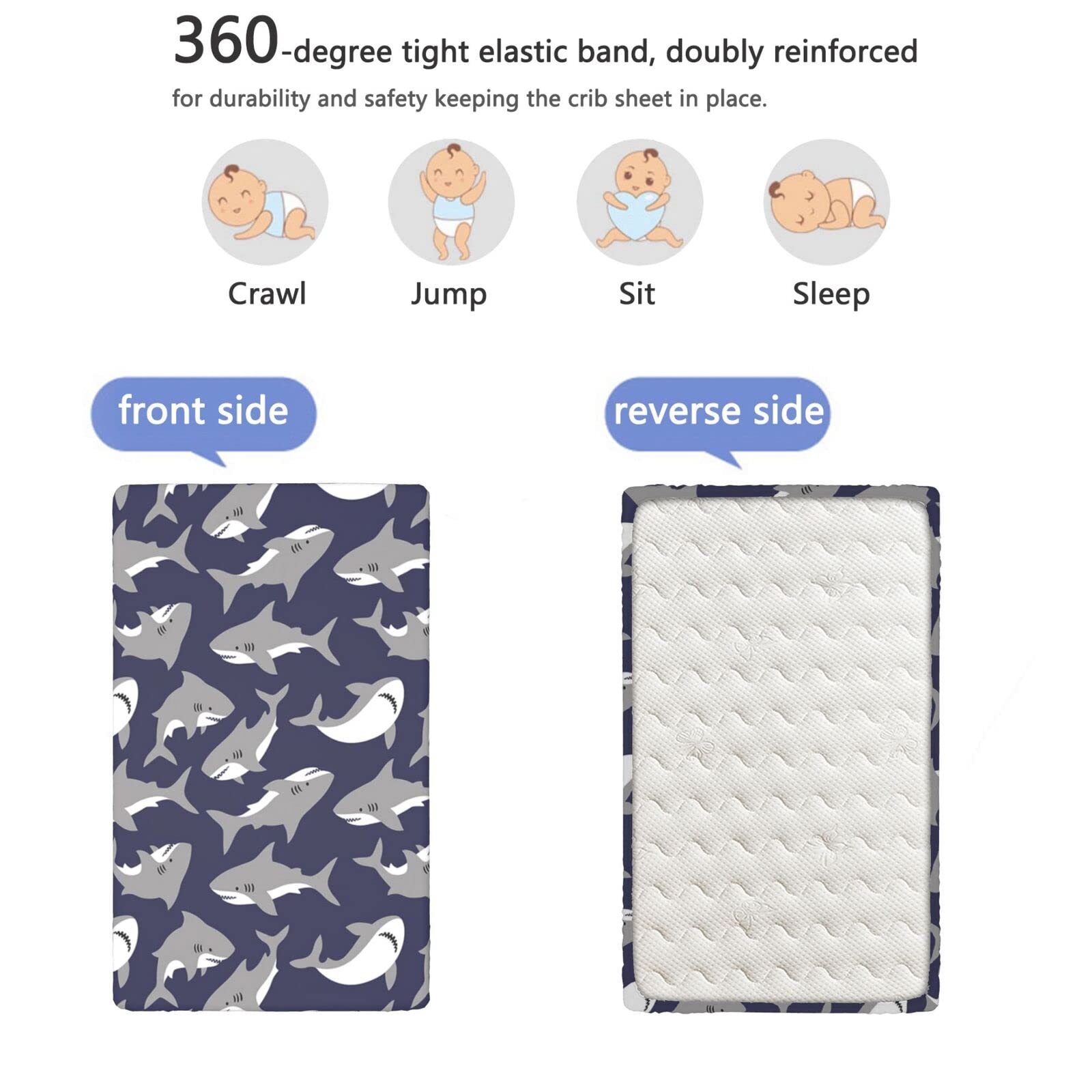 Shark Themed Fitted Crib Sheet,Standard Crib Mattress Fitted Sheet Soft Toddler Mattress Sheet Fitted -Crib Mattress Sheet or Toddler Bed Sheet,52“ x28“,Dark Indigo and Pale Taupe