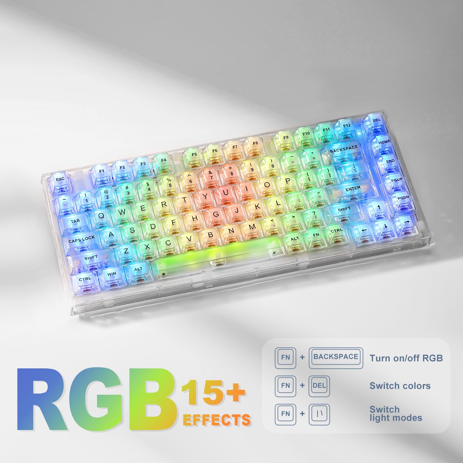 YUNZII X75 82 Key Hot Swappable Mechanical Keyboard with Transparent Keycaps, Gasket Mount 75 Keyboard, RGB Backlit Custom Gaming Keyboard for Windows/Mac (Crystal Ice Switch, Wired-White)