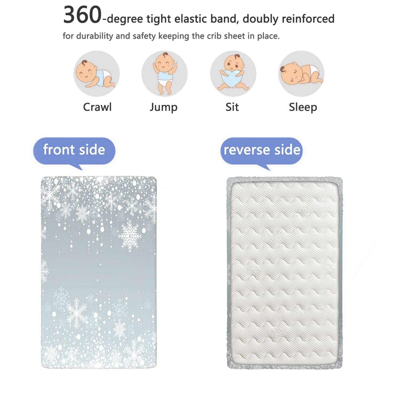 Snowflake Themed Fitted Crib Sheet,Standard Crib Mattress Fitted Sheet Soft Toddler Mattress Sheet Fitted -Baby Sheet for Boys Girls,52 x 28 Inch,Pale Blue Grey and White