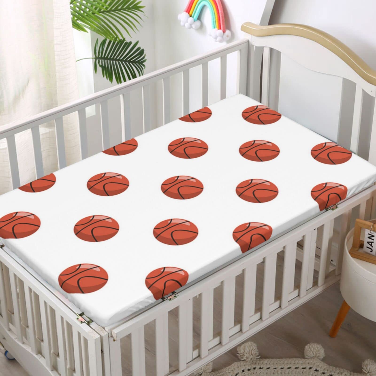 Basketball Themed Fitted Crib Sheet,Standard Crib Mattress Fitted Sheet Soft & Stretchy Fitted Crib Sheet -Great for Boy or Girl Room or Nursery,28 x 52 Inch,Cinnamon White Black