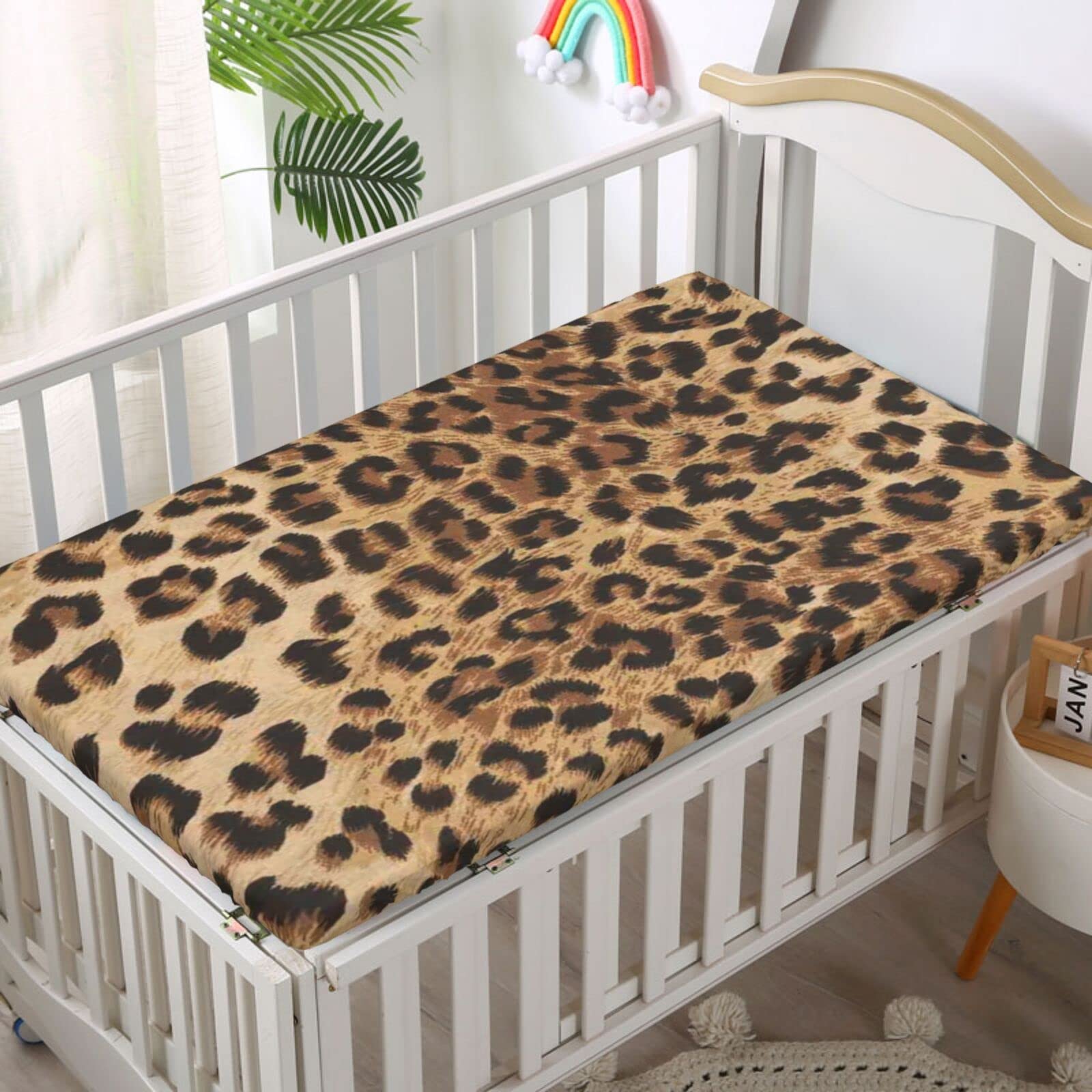 Leopard Print Themed Fitted Crib Sheet,Standard Crib Mattress Fitted Sheet Ultra Soft Material -Baby Crib Sheets for Girl or Boy,28“ x52“,Pale Brown Black